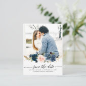 Navy Royal Blue Blush Floral Foto Save the Date Briefkaart (Staand voorkant)