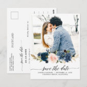 Navy Royal Blue Blush Floral Foto Save the Date Briefkaart (Voorkant / Achterkant)