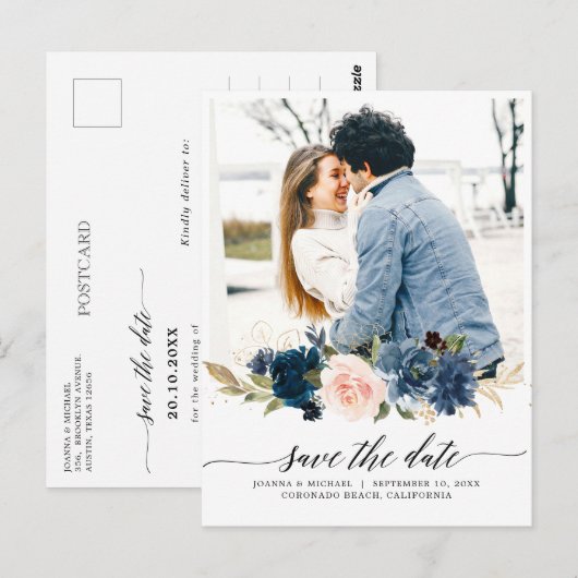 Navy Royal Blue Blush Floral Foto Save the Date Briefkaart (Voorkant / Achterkant)