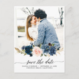 Navy Royal Blue Blush Floral Foto Save the Date Briefkaart