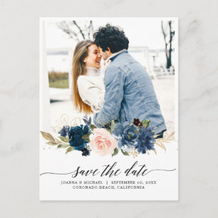 Navy Royal Blue Blush Floral Foto Save the Date Briefkaart