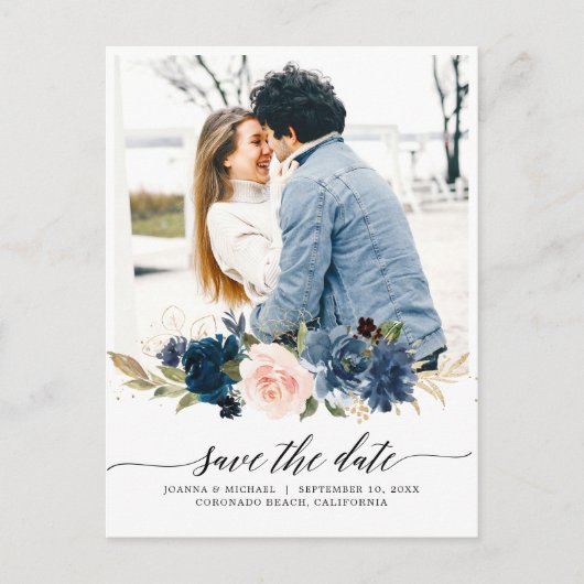 Navy Royal Blue Blush Floral Foto Save the Date Briefkaart (Voorkant)