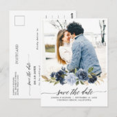 Navy Royal Blue Blush Floral Foto Save the Date P Briefkaart (Voorkant / Achterkant)