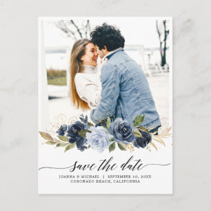 Navy Royal Blue Blush Floral Foto Save the Date P Briefkaart