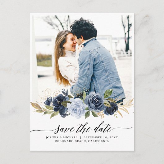 Navy Royal Blue Blush Floral Foto Save the Date P Briefkaart (Voorkant)