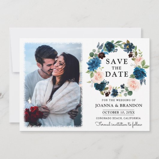 Navy Royal Blue Blush Floral Save the Date Kaart (Voorkant)
