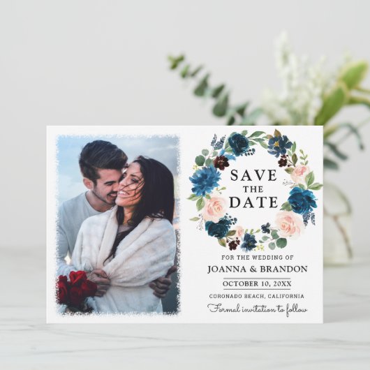 Navy Royal Blue Blush Floral Save the Date Kaart (Staand voorkant)