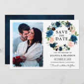 Navy Royal Blue Blush Floral Save the Date Kaart (Voorkant / Achterkant)