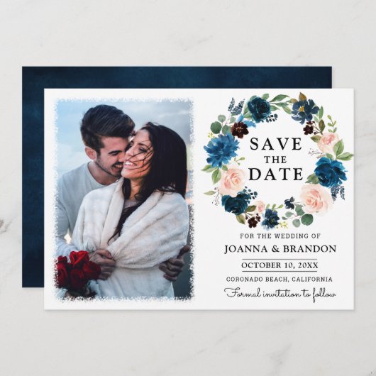 Navy Royal Blue Blush Floral Save the Date Kaart (Voorkant / Achterkant)