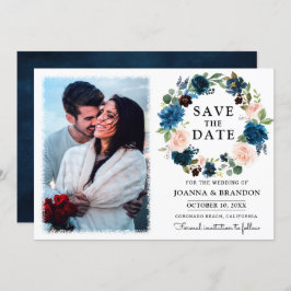 Navy Royal Blue Blush Floral Save the Date Kaart