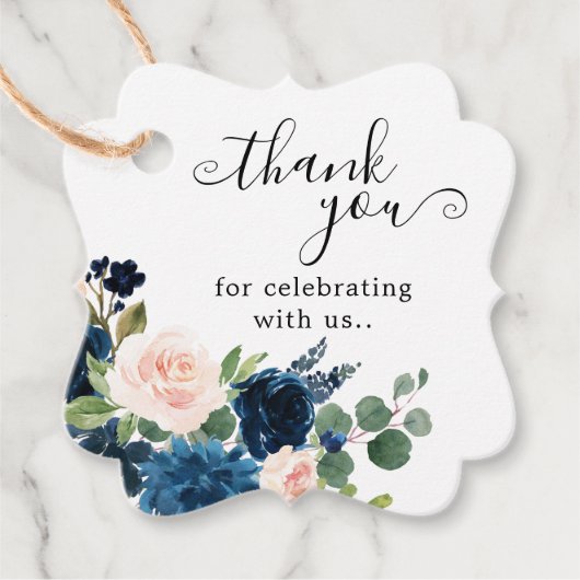 Navy Royal Blue Blush Pink Botanical Weddenschap Bedankjes Labels (Voorkant)