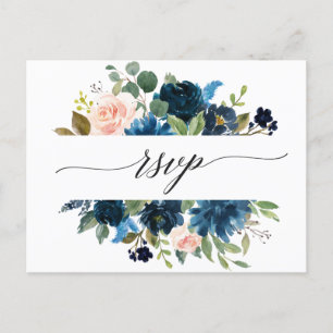 Navy Royal Blue Blush Pink Floral Botanical RSVP Briefkaart