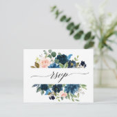 Navy Royal Blue Blush Pink Floral Botanical RSVP Briefkaart (Staand voorkant)
