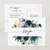 Navy Royal Blue Blush Pink Floral Botanical RSVP Briefkaart (Voorkant / Achterkant)