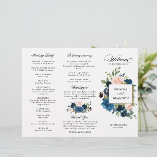 Navy Royal Blue Blush Pink Floral Tri-voudig Progr (Staand voorkant)