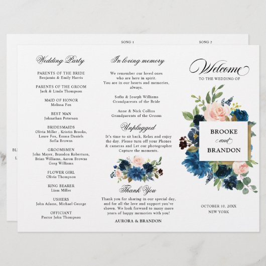 Navy Royal Blue Blush Pink Floral Tri-voudig Progr (Voorkant / Achterkant)