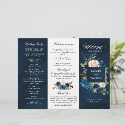 Navy Royal Blue Blush Pink Floral Tri-voudig Progr (Staand voorkant)