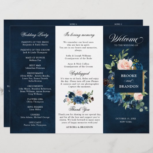 Navy Royal Blue Blush Pink Floral Tri-voudig Progr (Voorkant / Achterkant)