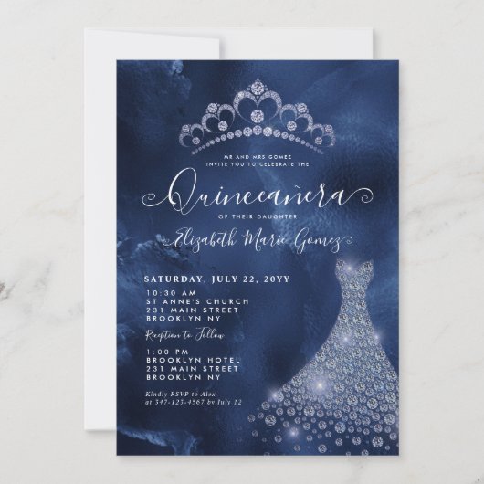 Navy Royal Blue Diamond Tiara Dress Quinceanera Kaart (Voorkant)