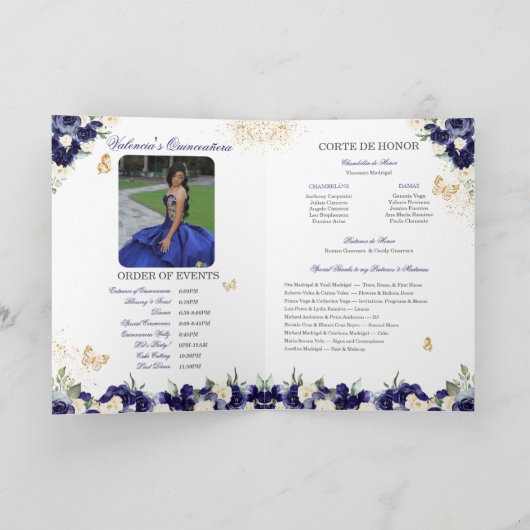 Navy Royal Blue Floral Tiara Butterfly Quinceanera Programma (Binnen)