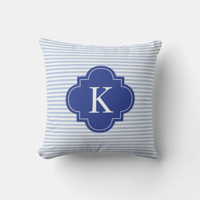Navy Royal Blue Stripes Quatrefoil Monogram Kussen (Voorkant)