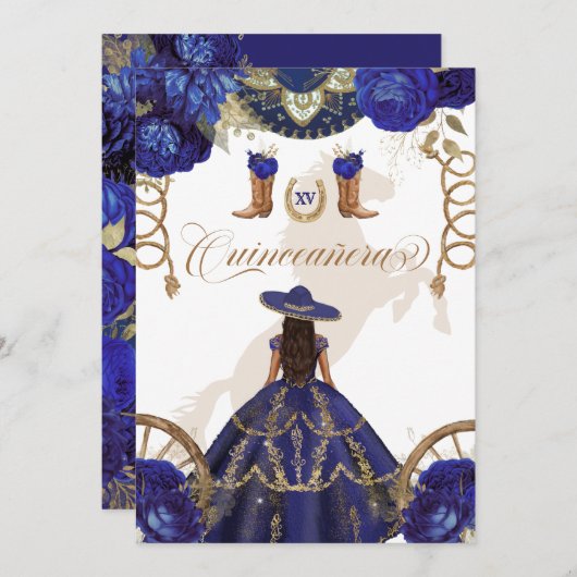 Navy Royal Blue Western Charro 2-Sided Quinceanera Kaart (Voorkant / Achterkant)
