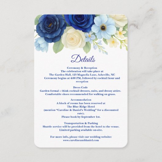 Navy Royal Bue Wedding Waterverf Ivoorbloemen Informatiekaartje (Voorkant)