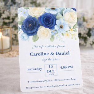 Navy Royal Bue Wedding Waterverf Ivoorbloemen Kaart