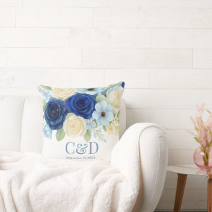 Navy Royal Bue Wedding Waterverf Ivoorbloemen Kussen