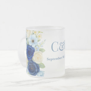 Navy Royal Bue Wedding Waterverf Ivoorbloemen Matglas Koffiemok