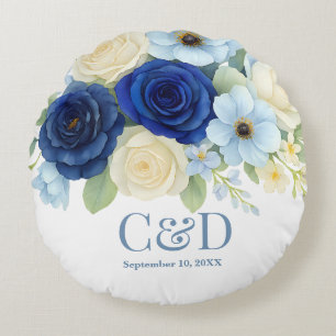 Navy Royal Bue Wedding Waterverf Ivoorbloemen Rond Kussen