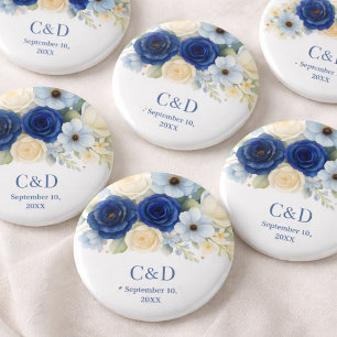 Navy Royal Bue Wedding Waterverf Ivoorbloemen Ronde Button 3,2 Cm