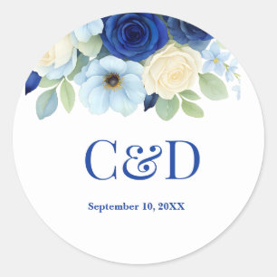 Navy Royal Bue Wedding Waterverf Ivoorbloemen Ronde Sticker