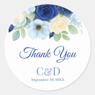 Navy Royal Bue Wedding Waterverf Ivoorbloemen Ronde Sticker