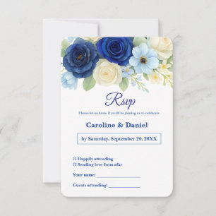 Navy Royal Bue Wedding Waterverf Ivoorbloemen RSVP Kaartje
