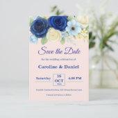 Navy Royal Bue Wedding Waterverf Ivoorbloemen Save The Date (Staand voorkant)