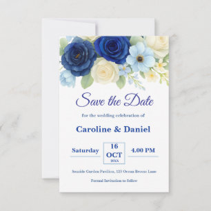 Navy Royal Bue Wedding Waterverf Ivoorbloemen Save The Date