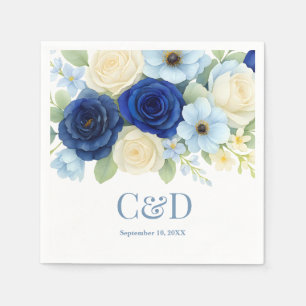 Navy Royal Bue Wedding Waterverf Ivoorbloemen Servet