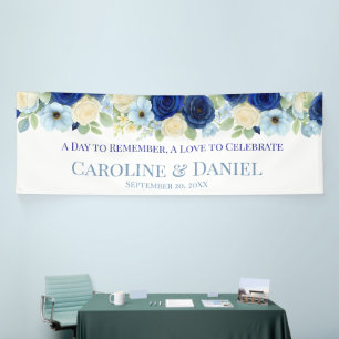 Navy Royal Bue Wedding Waterverf Ivoorbloemen Spandoek
