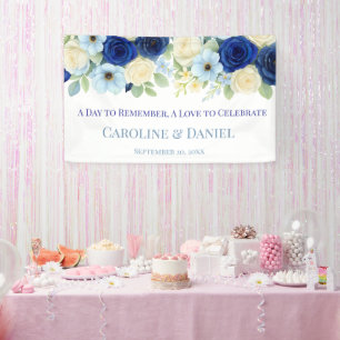 Navy Royal Bue Wedding Waterverf Ivoorbloemen Spandoek