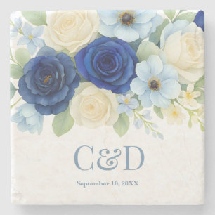 Navy Royal Bue Wedding Waterverf Ivoorbloemen Stenen Onderzetter