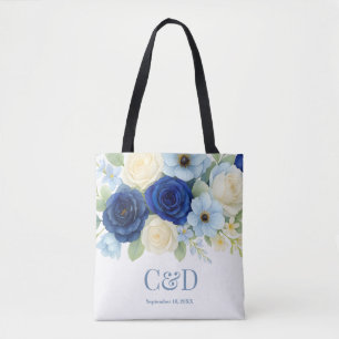 Navy Royal Bue Wedding Waterverf Ivoorbloemen Tote Bag