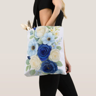 Navy Royal Bue Wedding Waterverf Ivoorbloemen Tote Bag