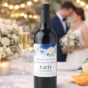 Navy Royal Bue Wedding Waterverf Ivoorbloemen Wijn Etiket