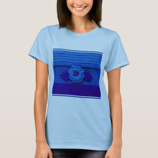 Navy Royal Deep Blue Flower Artisan Crochet Print T-shirt (Voorkant)