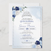 Navy Royal Light Blue Silver Roos Flor Quinceañera Kaart (Voorkant)