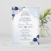 Navy Royal Light Blue Silver Roos Flor Quinceañera Kaart (Staand voorkant)
