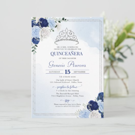 Navy Royal Light Blue Silver Roos Flor Quinceañera Kaart (Staand voorkant)