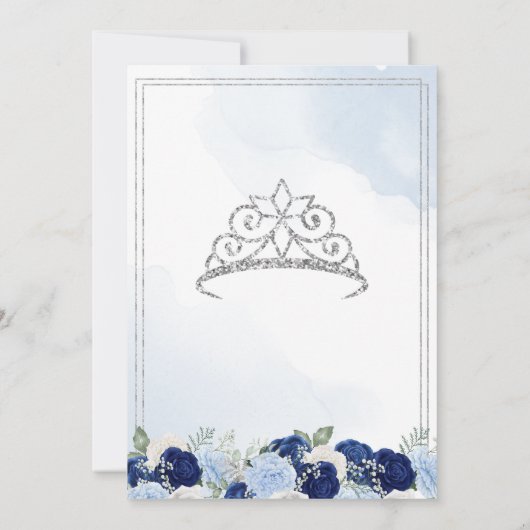 Navy Royal Light Blue Silver Roos Flor Quinceañera Kaart (Achterkant)
