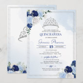 Navy Royal Light Blue Silver Roos Flor Quinceañera Kaart (Voorkant / Achterkant)